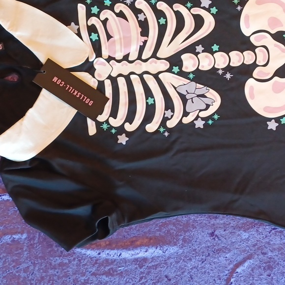 DOLLSKILL 2x TRICKZ N TREATZ BLACK SHORT-SLEEVED BONES MINI DRESS COLLAR - Picture 3 of 15